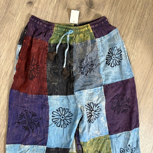 Bohemian Hippie Patchwork Drawstring Pants Cotton Pockets Sz L Made in Nepal - Picture 2 of 8